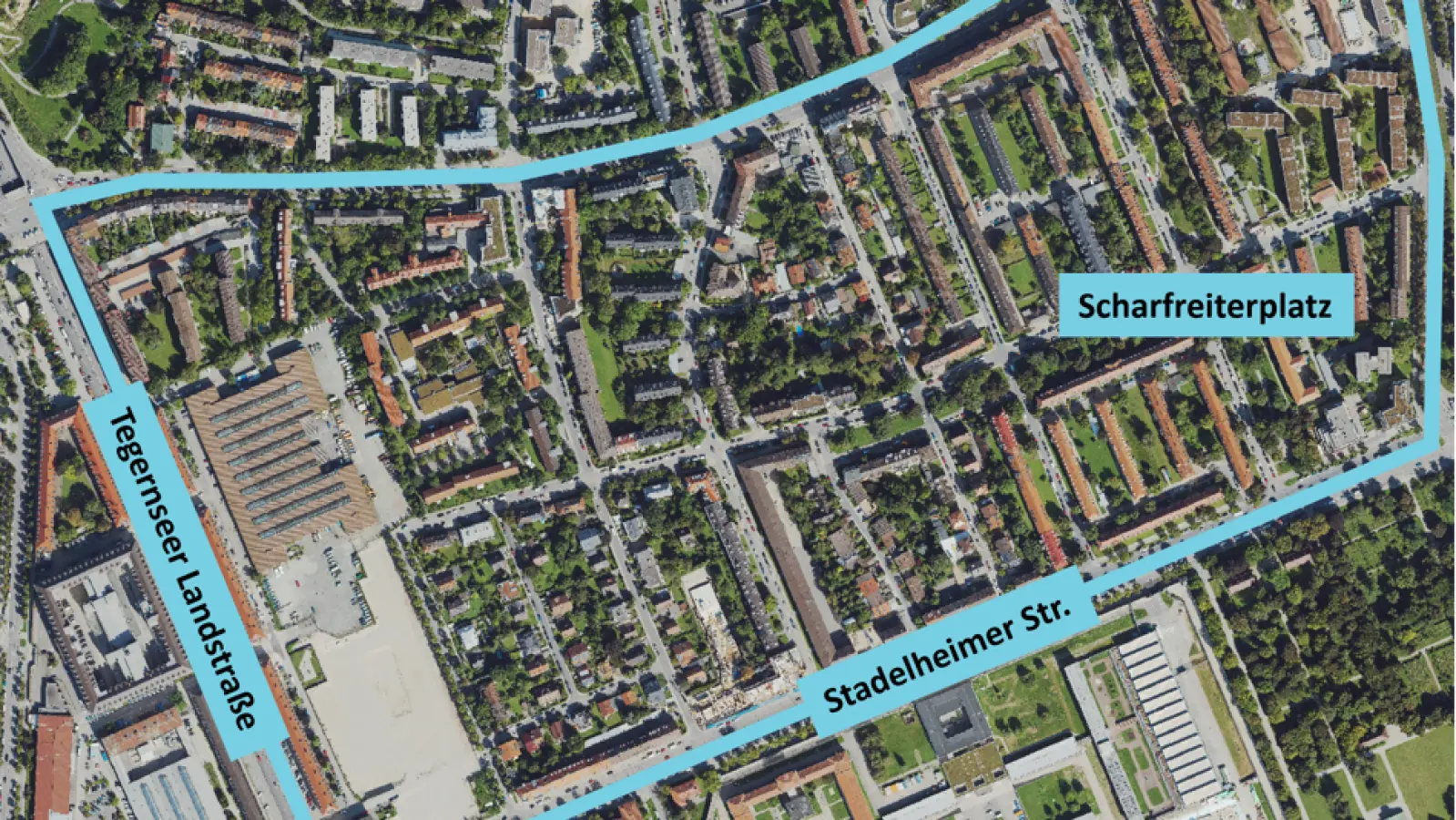 Das Quartier Scharfreiterplatz liegt im Stadtbezirk 17 (Obergiesing-Fasangarten).  (Foto: RKU/GeoInfoWeb)