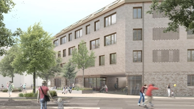 So soll das neue Haus für Kinder und Jugendliche an der Westendstraße 66 a aussehen. Der „Köskgarten“ wird zwar weichen, dafür soll der neue Innenhof öffentlich zugänglich werden.  (Quelle: Krug Grossmann Architekten)