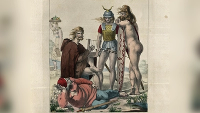“Avant Cèsar”: Die Gallier zur Zeit “vor Cäsar” stellte Charles Auguste Herbé recht leicht bekleidet dar. Die Abbildung stammt aus „Costumes Français – Civils, Militaires et Religieux“, dem einemillionsten Buch in der Bibliothek des Deutschen Museums.  (Foto: ?Costumes Français ? Civils, Militaires et Religieux?, Bibliothek des Deutschen Museums)