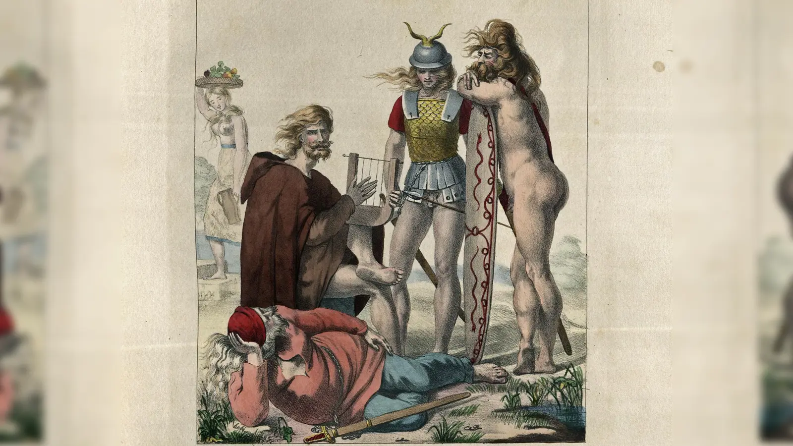“Avant Cèsar”: Die Gallier zur Zeit “vor Cäsar” stellte Charles Auguste Herbé recht leicht bekleidet dar. Die Abbildung stammt aus „Costumes Français – Civils, Militaires et Religieux“, dem einemillionsten Buch in der Bibliothek des Deutschen Museums.  (Foto: ?Costumes Français ? Civils, Militaires et Religieux?, Bibliothek des Deutschen Museums)