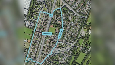 Aus den beiden Teilbereichen „Harnierplatz” im Westen und „St. Nikolaus-Platz” im Osten besteht das Quartier Harkortweg. Getrennt sind sie durch die A9. (F.: RKU/ GeoInfoWeb)