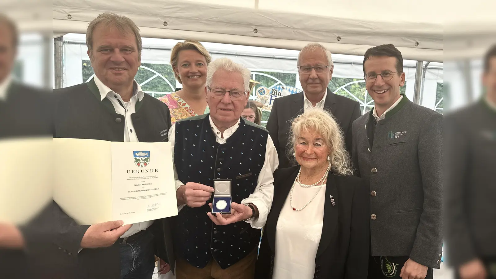 Feierten 50 Jahre Nachbarschaftshilfe in Feldafing: v.l.: Bürgermeister Bernhard Sontheim, NBH Geschäftsführerin Eva Spiegelburg, NBH zweiter Vorstand Reinhold Jauernek, ehemalige NBH Vorstandsvorsitzende Vera Schmid, NBH erster Vorstandsvorsitzender Walter Föhr und Landrat Stefan Frey (Foto: NBH Feldafing)