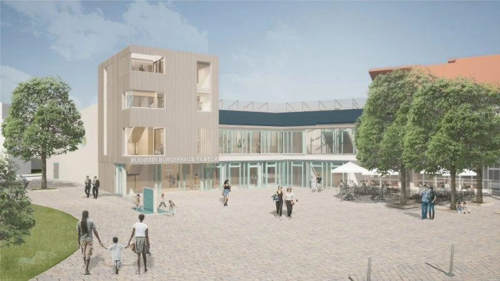 Das neue Gräfelfinger Bürgerhaus inklusive Eingangsturm zeigt sich bisher in schlichter Betonoptik. Warum nicht begrünen? - Anregungen dafür kamen aus der IGG-Bürgerrunde und sollen nun als Antrag in den Gemeinderat eingebracht werden. (Foto: Molenaar Architekten)