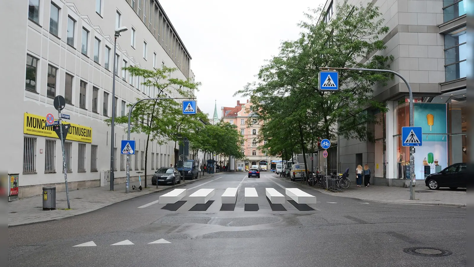 So könnte ein 3D-Zebrastreifen beispielsweise am Oberanger aussehen.  (Visualisierung: Die Grünen/Rosa Liste/Volt, Sophie Anfang  )