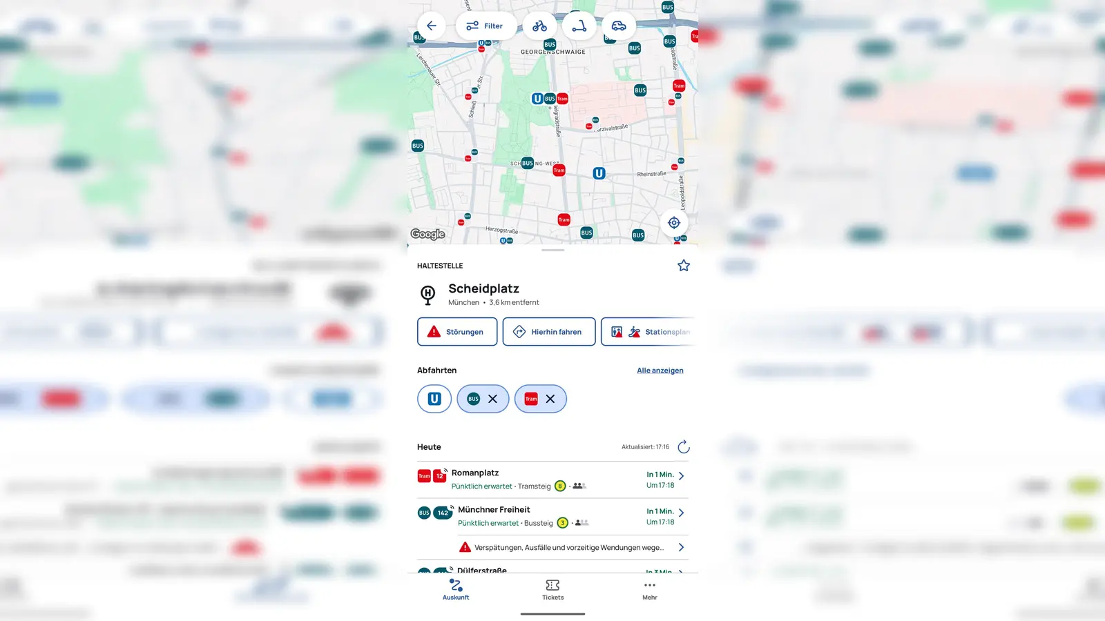 Am Funksymbol rechts über der Liniennummer erkennt man, dass der Bus oder die Tram getrackt werden.  (Foto: MVG)